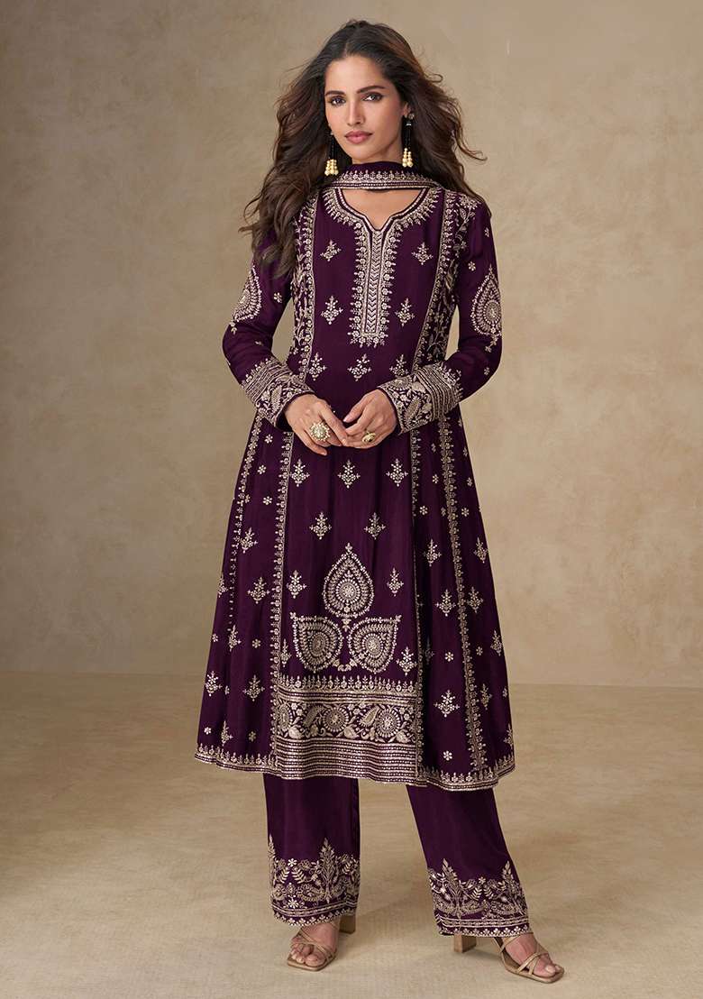 Wine Embroidered Chinon Pakistani Suit Set - Indya