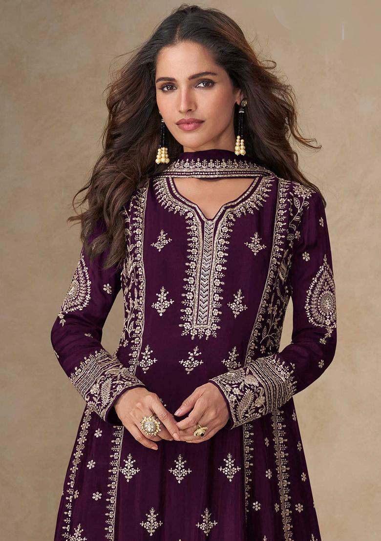 Wine Embroidered Chinon Salwar Kameez With Dupatta - Indya