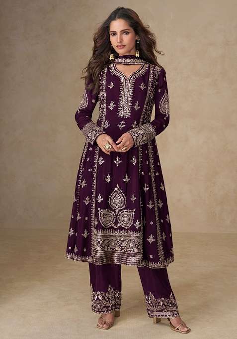 Wine Embroidered Chinon Pakistani Suit Set