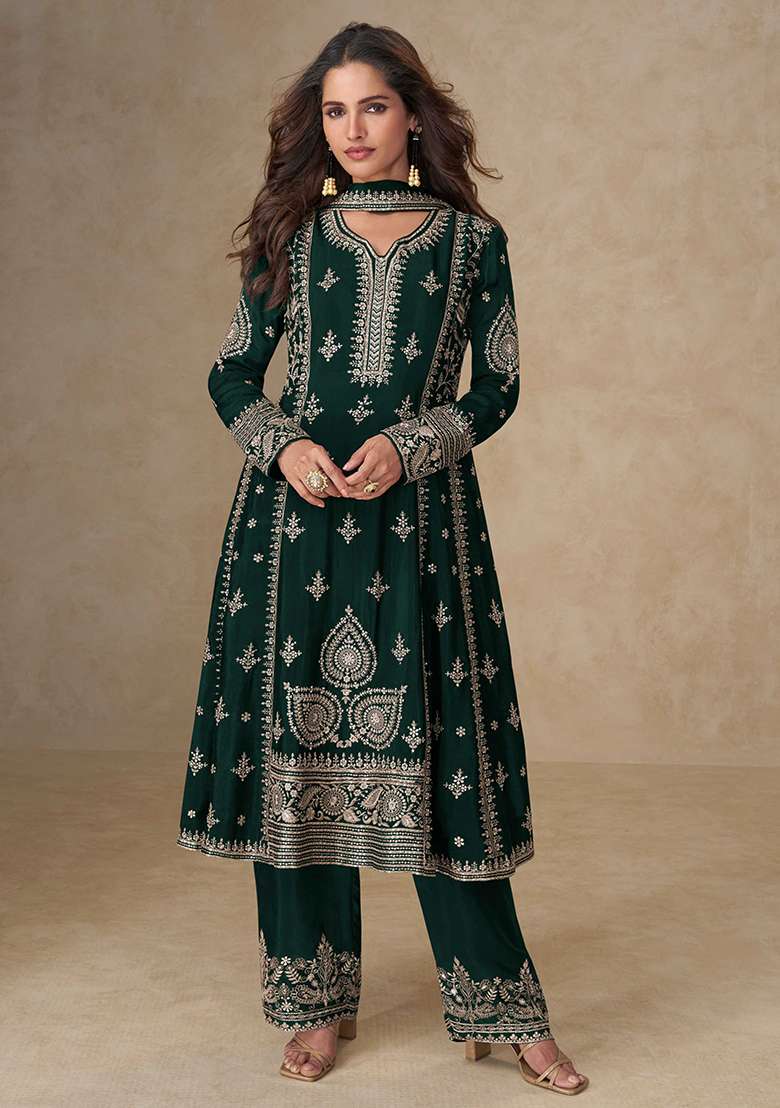 Dark Green Embroidered Chinon Salwar Kameez With Dupatta - Indya