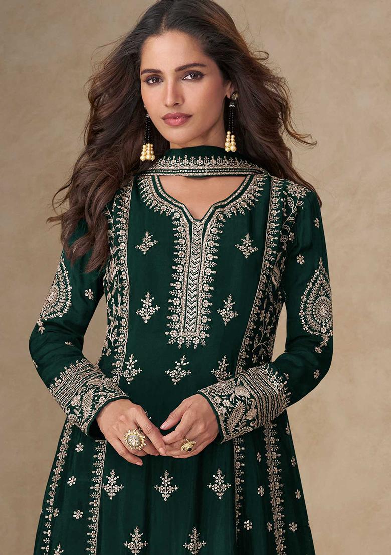 Dark Green Embroidered Chinon Salwar Kameez With Dupatta - Indya