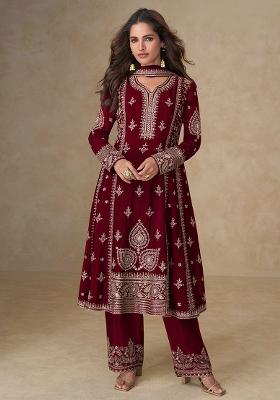 Maroon Embroidered Chinon Salwar Kameez With Dupatta