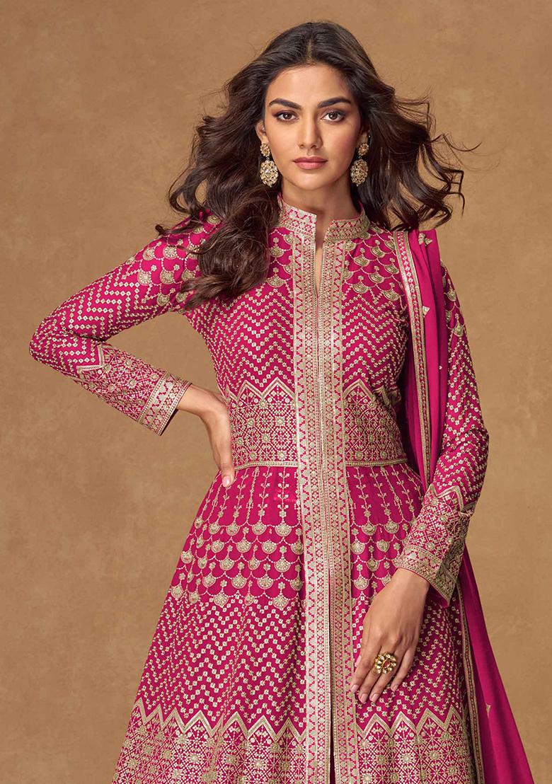 Pink Embroidered Georgette Salwar Kameez With Dupatta - Indya