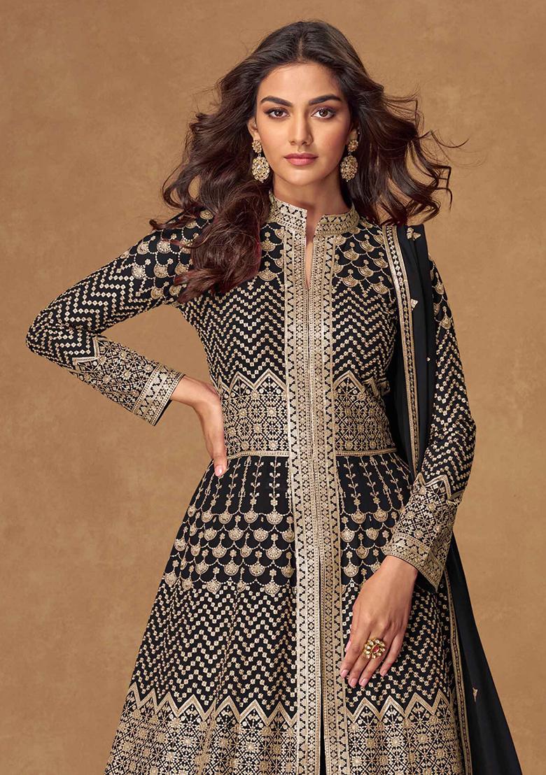 Black Embroidered Georgette Salwar Kameez With Dupatta - Indya
