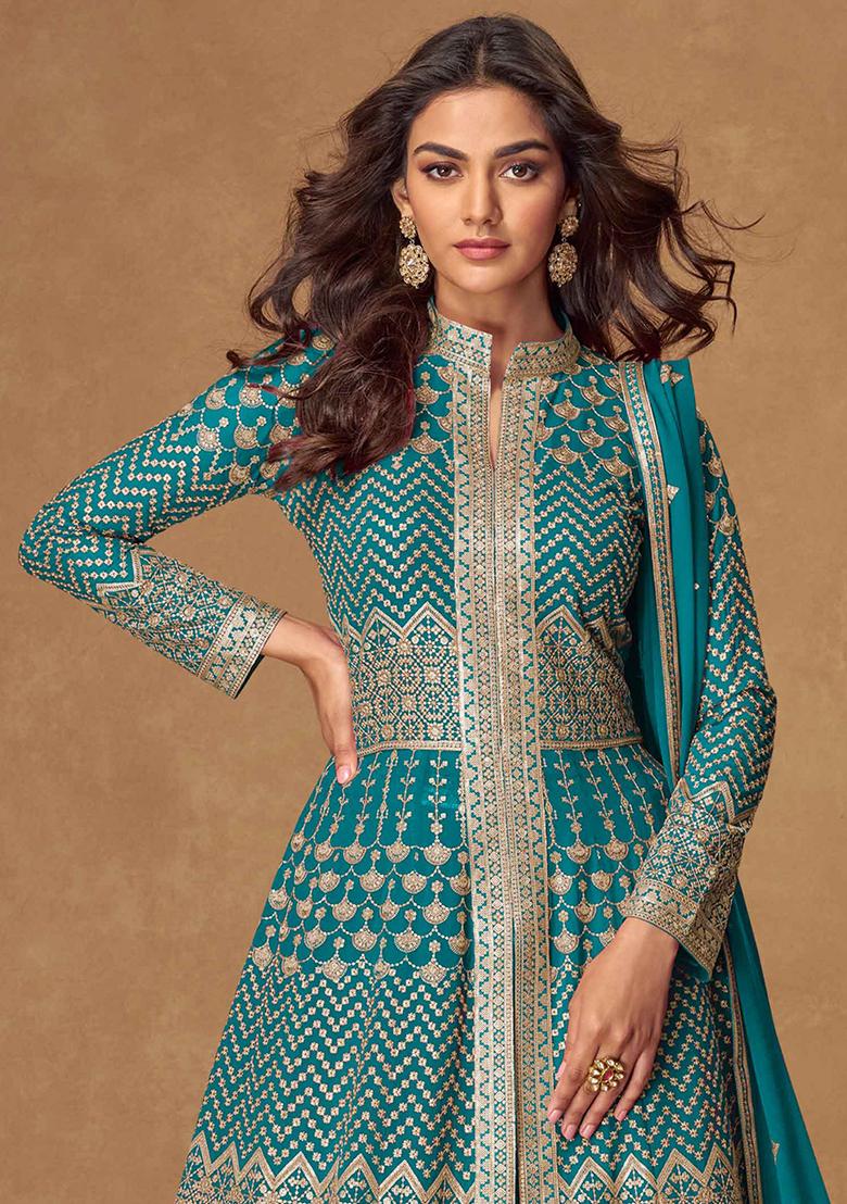 Blue Embroidered Georgette Salwar Kameez With Dupatta - Indya