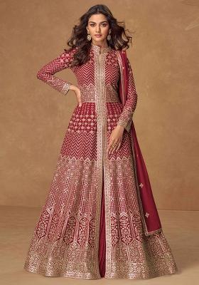 Red Embroidered Georgette Salwar Kameez With Dupatta