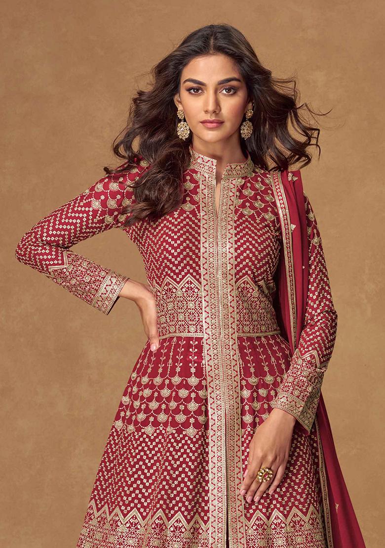 Red Embroidered Georgette Salwar Kameez With Dupatta - Indya