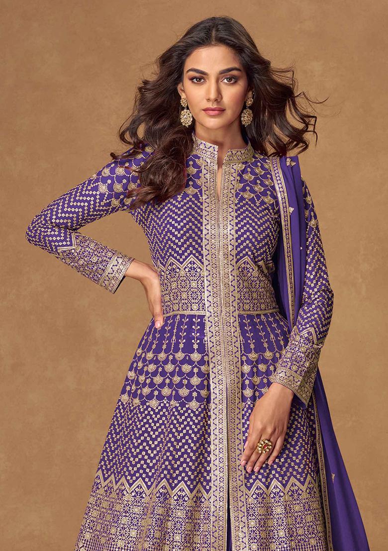 Purple Embroidered Georgette Salwar Kameez With Dupatta - Indya