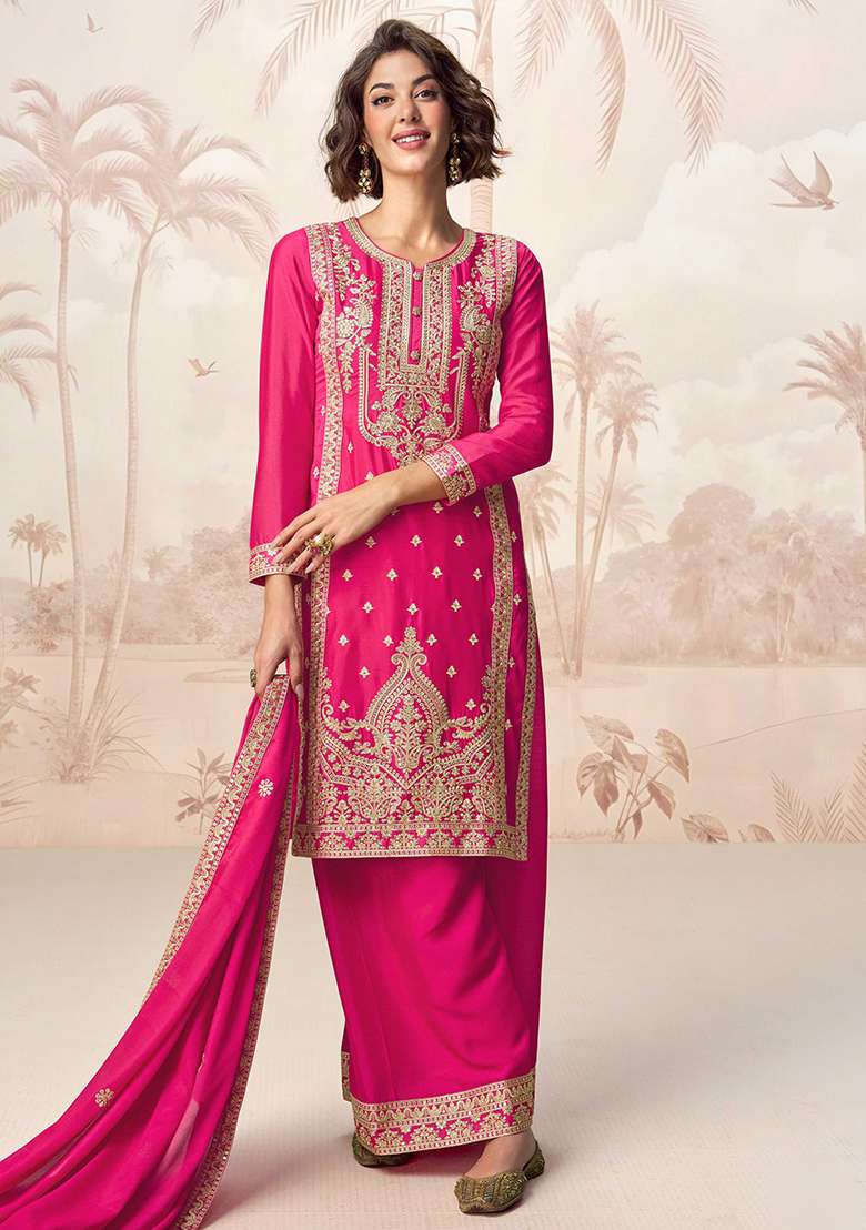 Rani Pink Embroidered Chinon Pakistani Suit Set - Indya