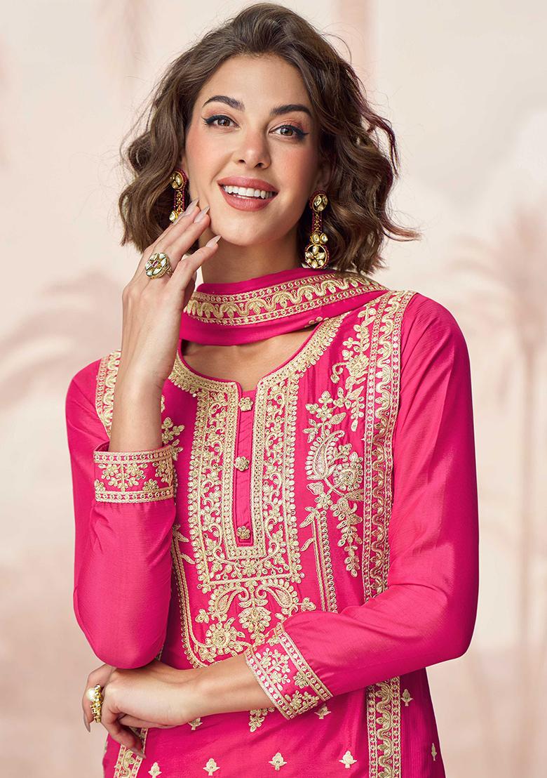 Rani Pink Embroidered Chinon Salwar Kameez With Dupatta - Indya