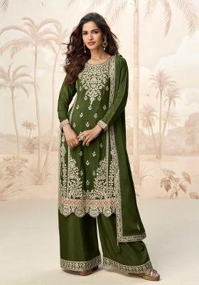 Mehndi Green Embroidered Chinon Salwar Kameez With Dupatta
