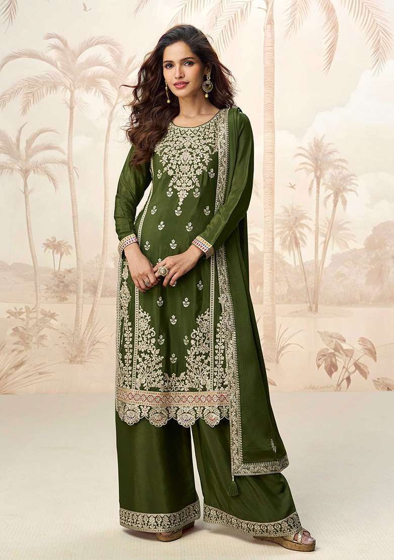 Mehndi Green Embroidered Chinon Straight Kurta Set - Indya