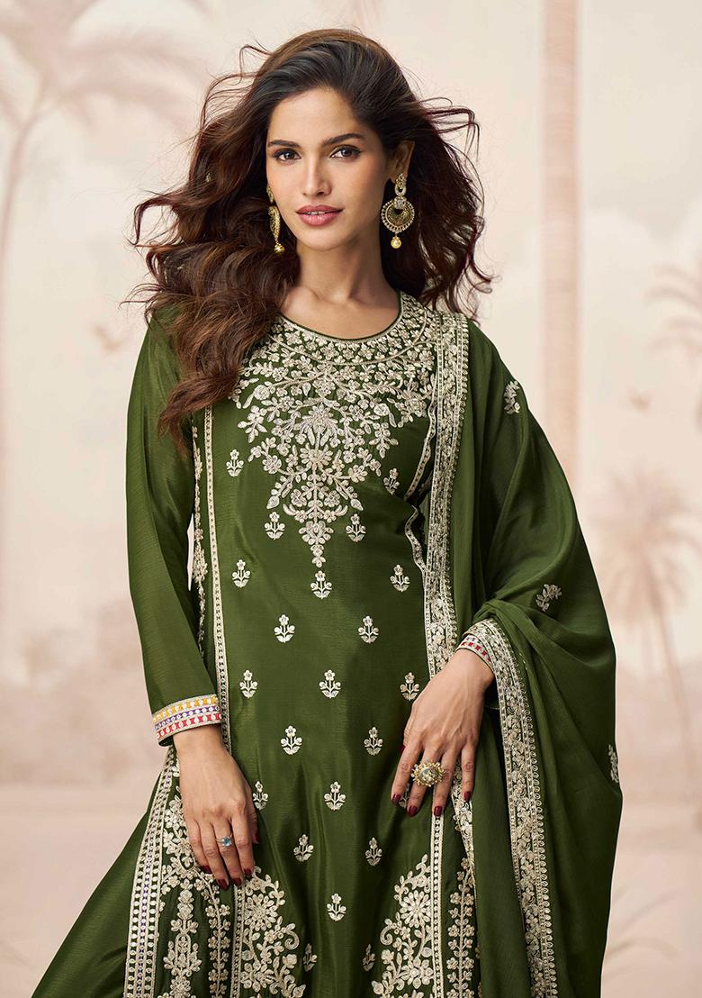 Mehndi Green Embroidered Chinon Salwar Kameez With Dupatta - Indya