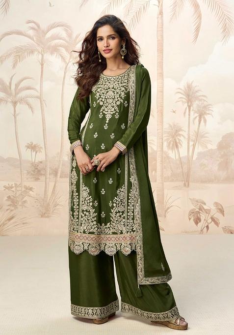 Mehndi Green Embroidered Chinon Straight Kurta Set — view on Indya
