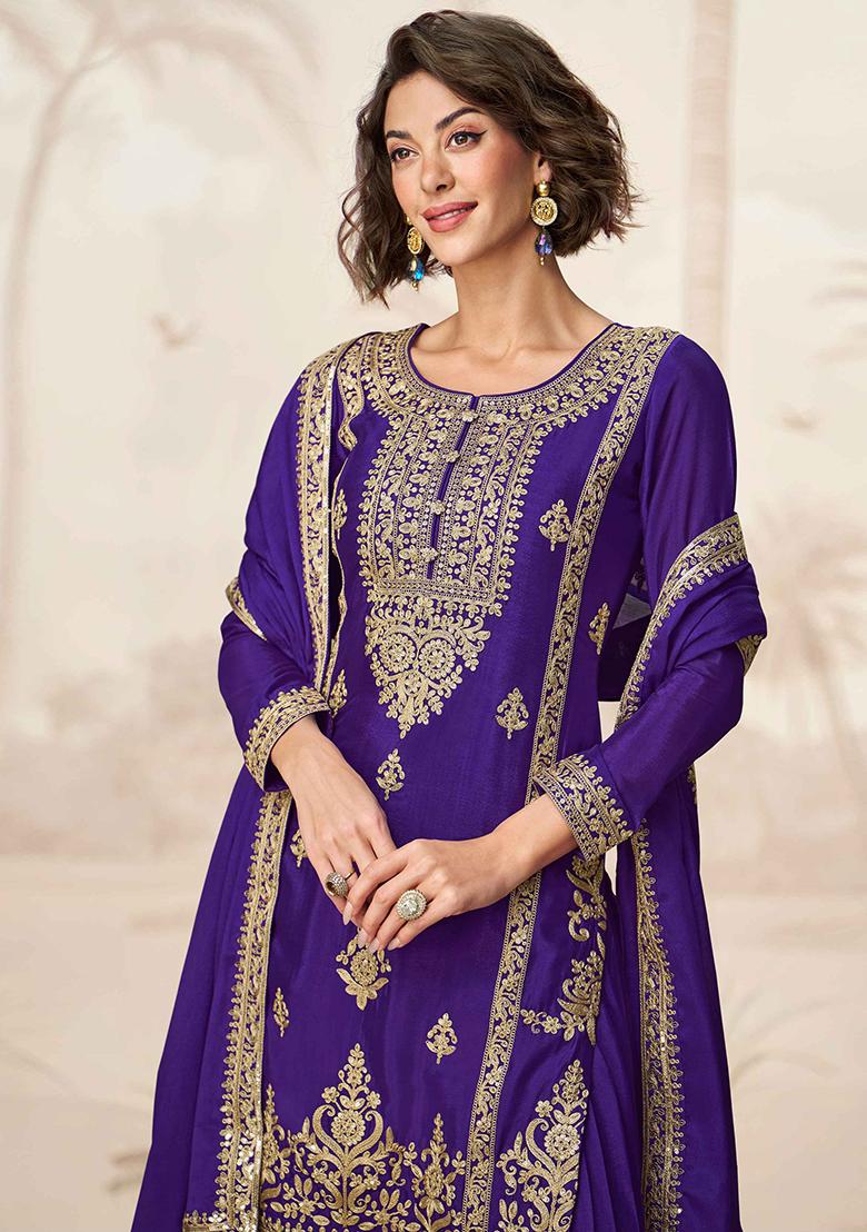 Purple Embroidered Chinon Salwar Kameez With Dupatta - Indya