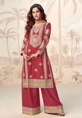 Rust Embroidered Chinon Salwar Kameez With Dupatta