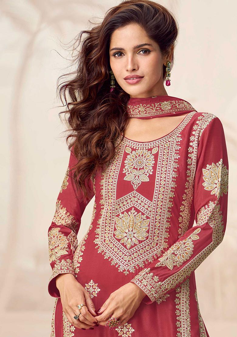 Rust Embroidered Chinon Salwar Kameez With Dupatta - Indya