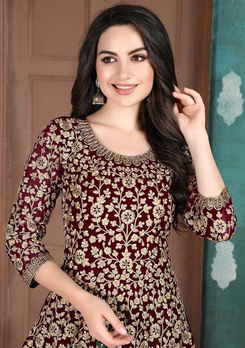 Maroon Embroidered Georgette Salwar Kameez With Dupatta - Indya