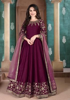 Purple Embroidered Silk Salwar Kameez With Dupatta