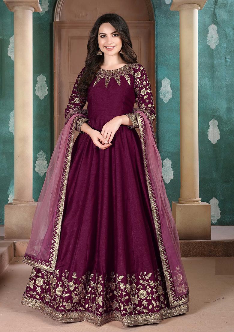 Purple Embroidered Silk Salwar Kameez With Dupatta - Indya