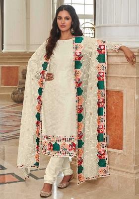 Off White Embroidered Georgette Salwar Kameez With Dupatta