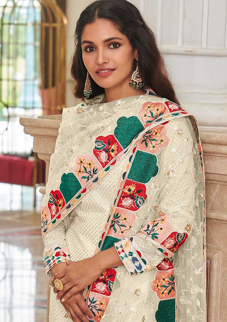 Off White Embroidered Georgette Salwar Kameez With Dupatta - Indya