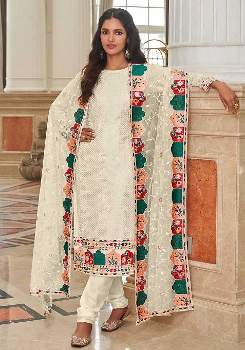 Off White Embroidered Georgette Salwar Kameez With Dupatta