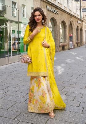 Yellow Embroidered Chinon Salwar Kameez With Dupatta