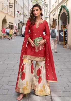 Red Embroidered Chinon Salwar Kameez With Dupatta