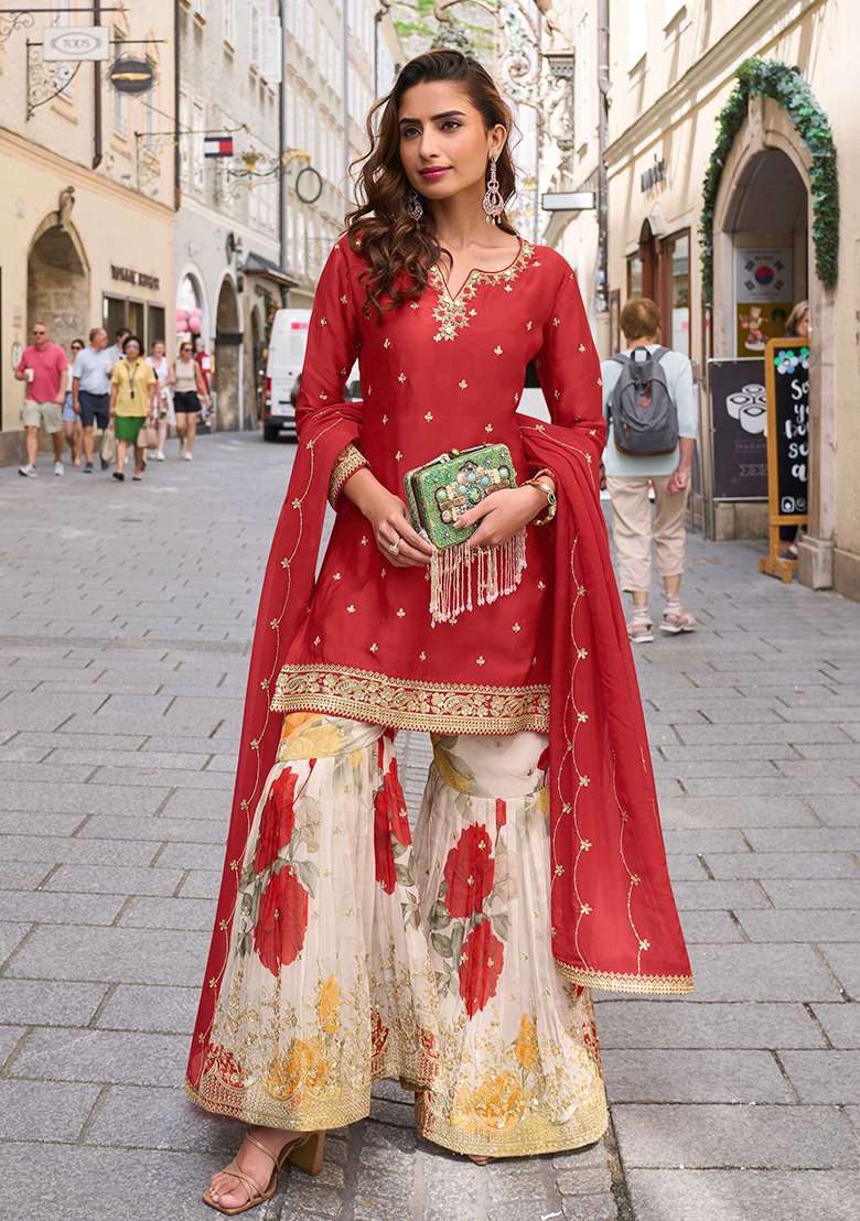 Red Embroidered Chinon Salwar Kameez With Dupatta - Indya