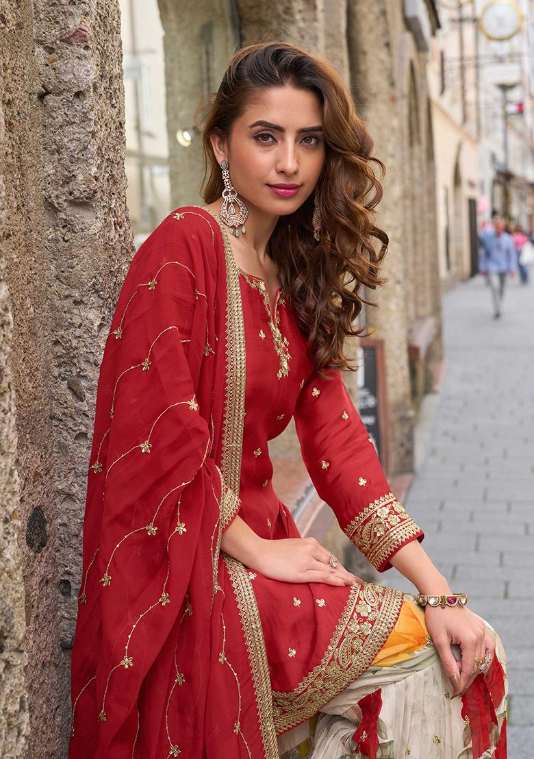 Red Embroidered Chinon Salwar Kameez With Dupatta - Indya
