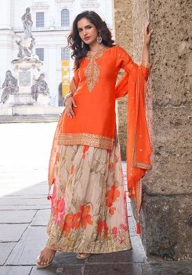 Orange Embroidered Chinon Salwar Kameez With Dupatta
