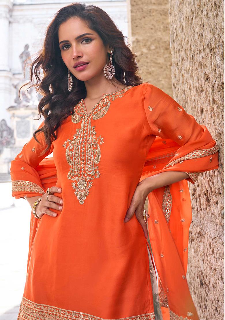 Orange Embroidered Chinon Salwar Kameez With Dupatta - Indya