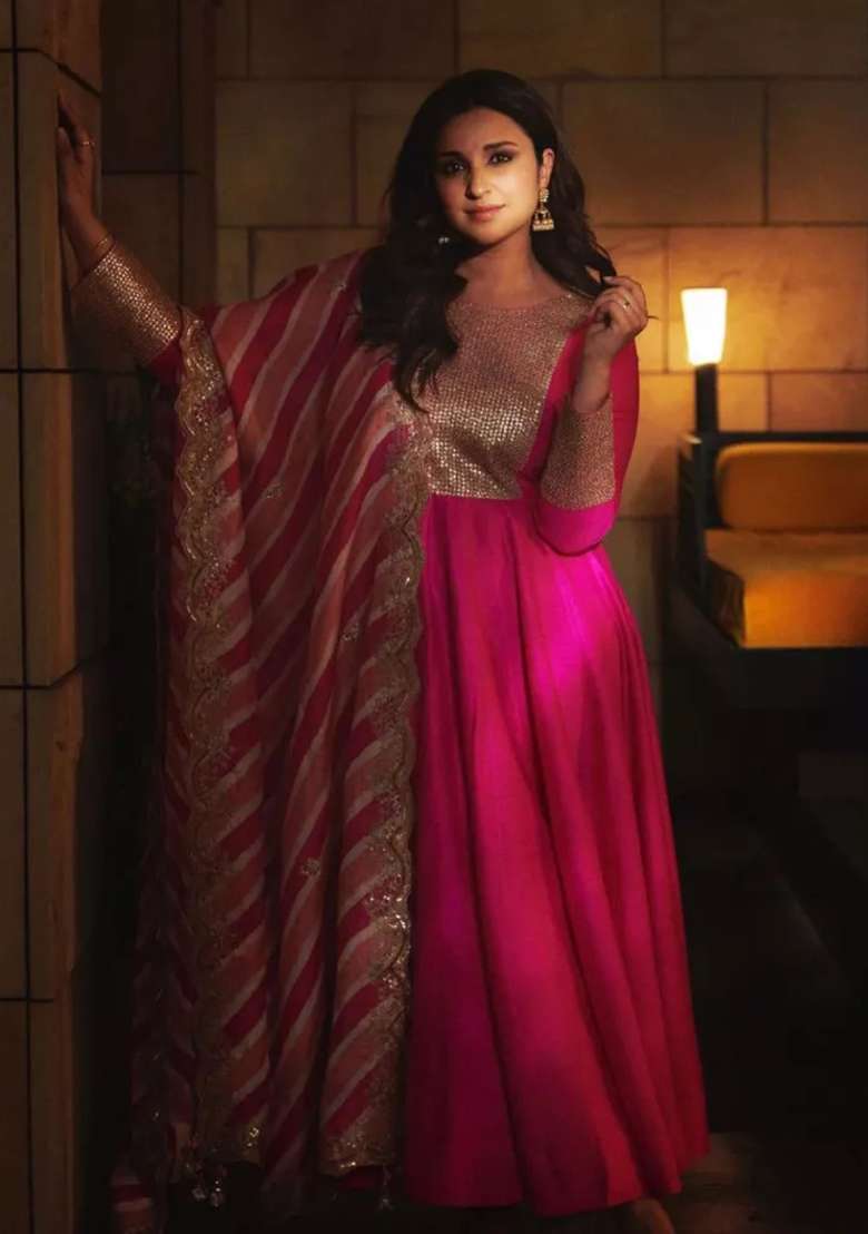 Pink Sequence Embroidery Work Georgette Anarkali With Dupatta With Dupatta - Indya