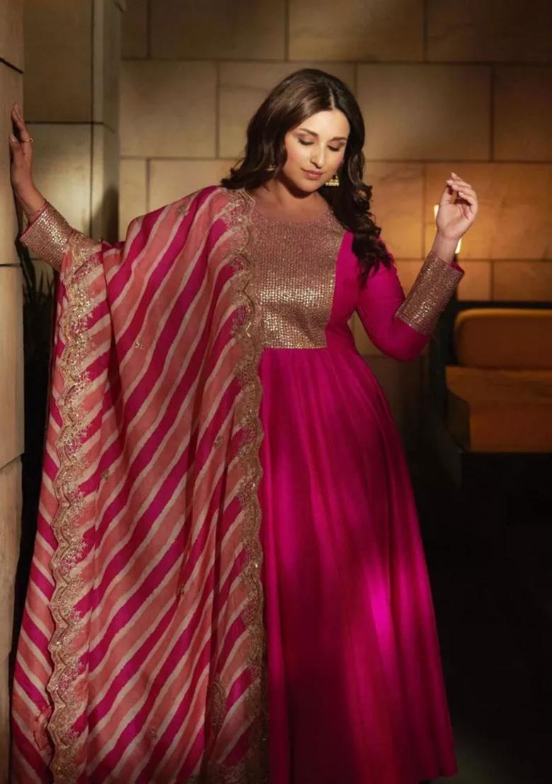 Pink Sequence Embroidery Work Georgette Anarkali Set With Dupatta - Indya