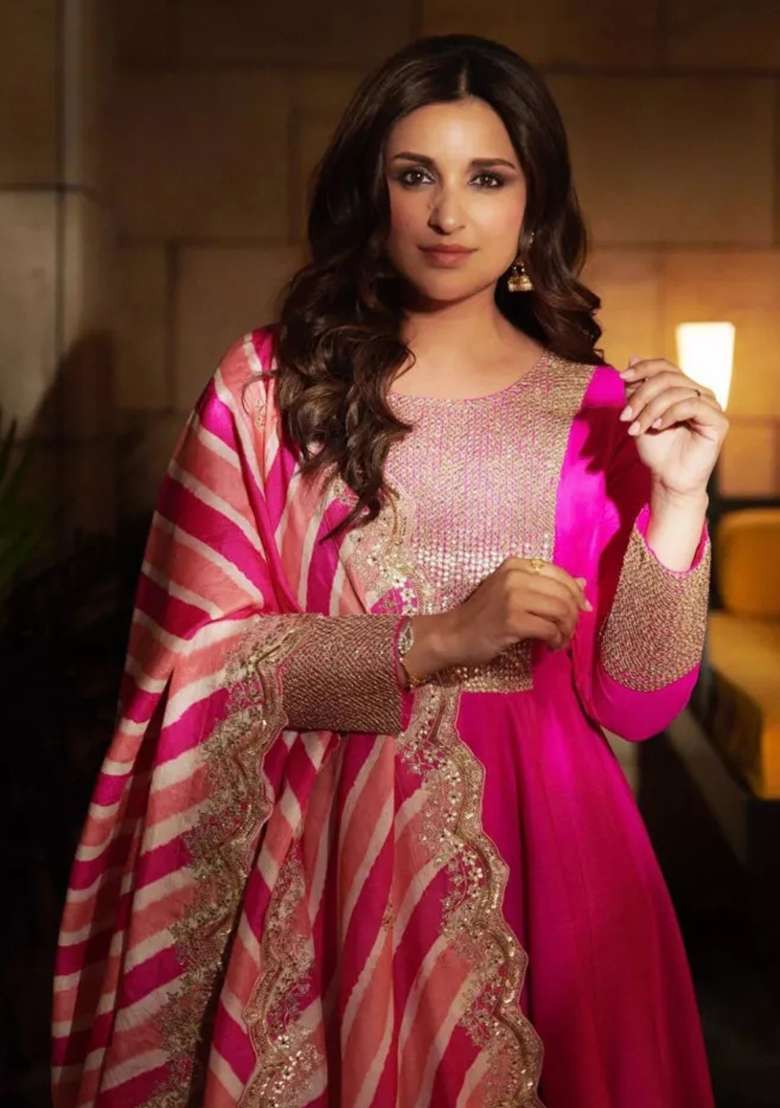 Pink Sequence Embroidery Work Georgette Anarkali With Dupatta With Dupatta - Indya