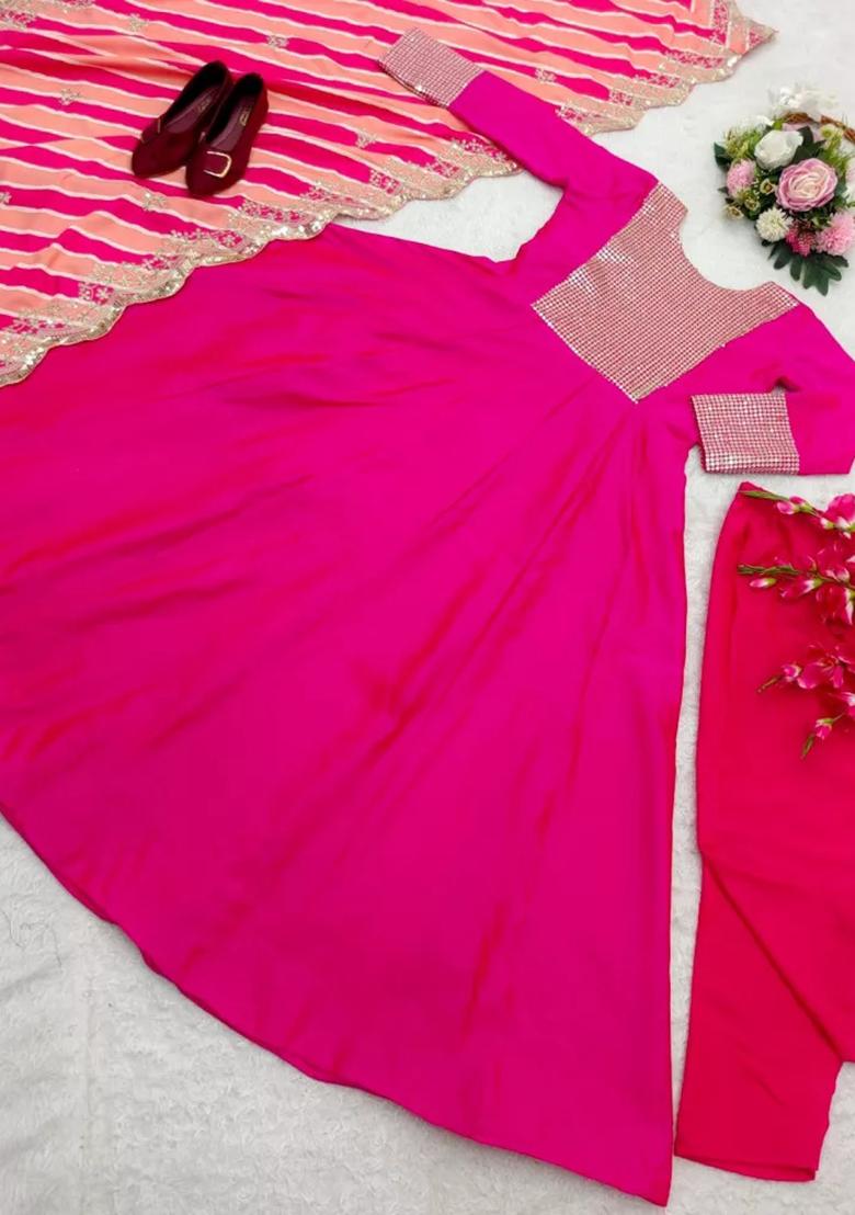Pink Sequence Embroidery Work Georgette Anarkali Set With Dupatta - Indya
