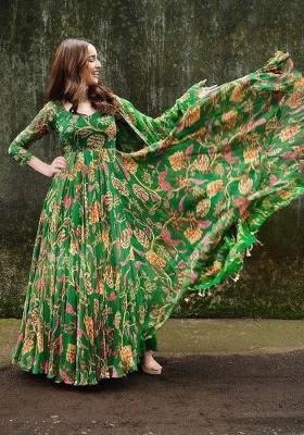 Green Digital Print Chiffon Anarkali Set With Dupatta