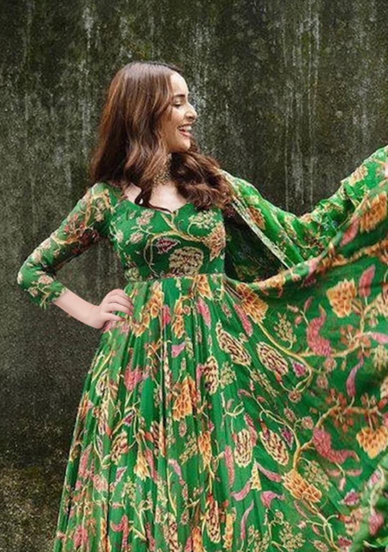 Green Digital Print Chiffon Anarkali Set With Dupatta - Indya
