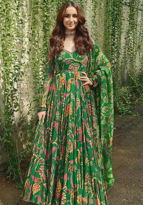 Green Digital Print Chiffon Anarkali Set With Dupatta