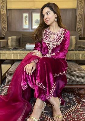 Pink Sequence Embroidery Work Velvet Salwar Kameez With Dupatta