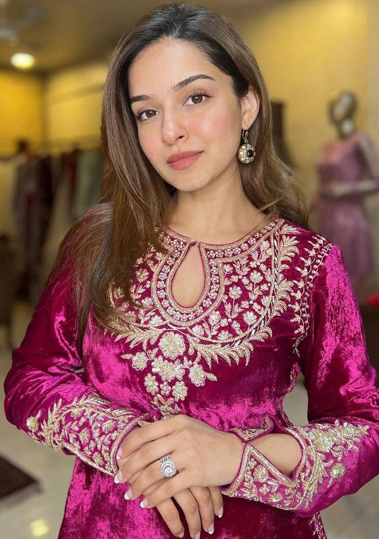 Pink Sequence Embroidery Work Velvet Salwar Kameez With Dupatta - Indya