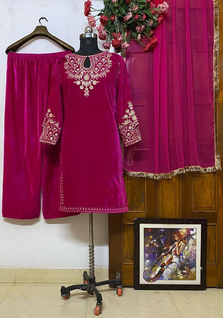 Pink Sequence Embroidery Work Velvet Salwar Kameez With Dupatta - Indya