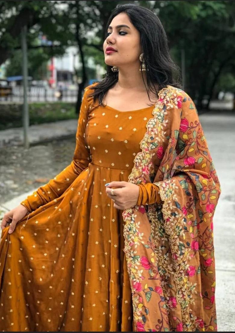 Mustard Sequence Embroidery Work Georgette Anarkali Set With Dupatta - Indya