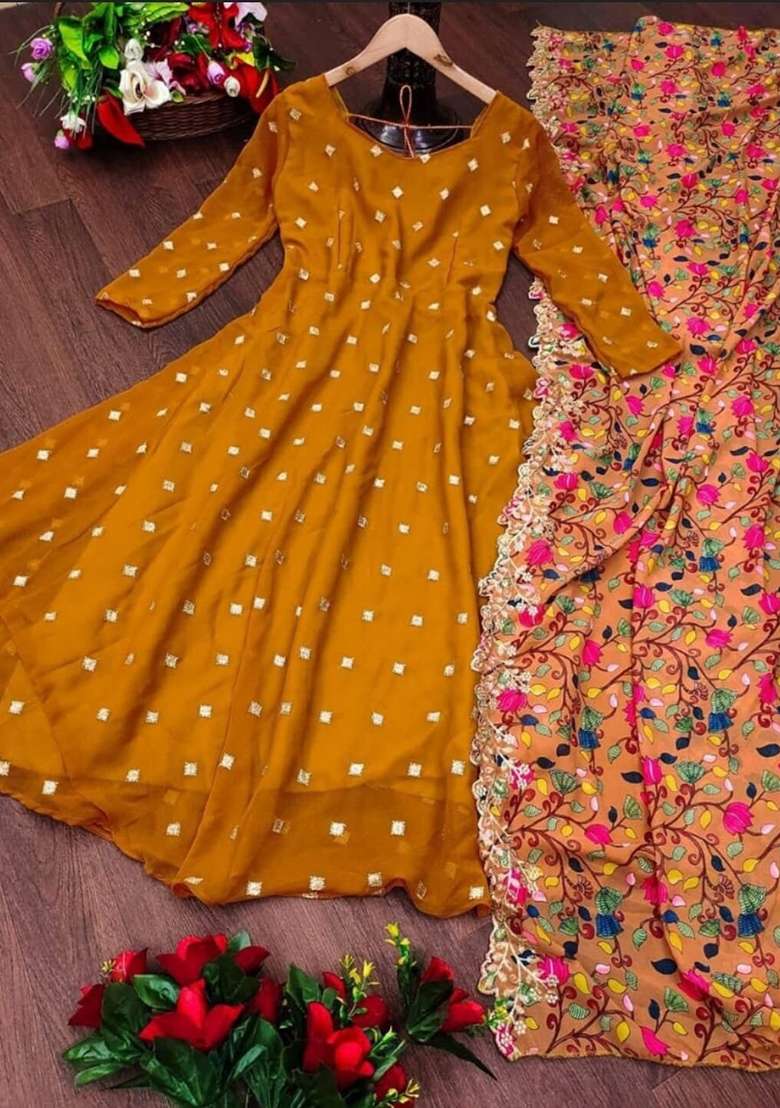 Mustard Sequence Embroidery Work Georgette Anarkali With Dupatta - Indya