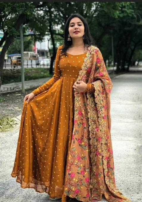 Mustard Sequence Embroidery Work Georgette Anarkali Set With Dupatta