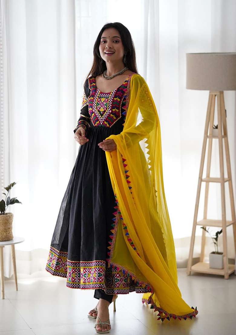 Black Embroidered Georgette Anarkali With Dupatta - Indya