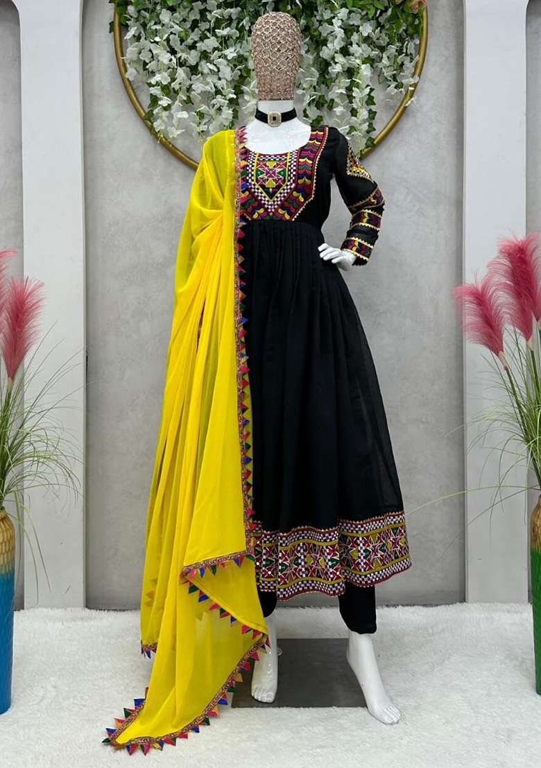 Black Embroidered Georgette Anarkali With Dupatta - Indya