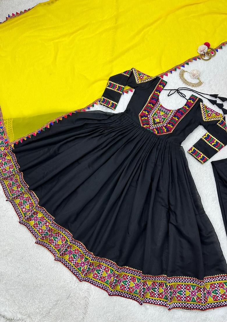 Black Thread Georgette Anarkali Set With Dupatta - Indya