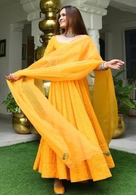 Yellow Embroidered Blended Anarkali Set With Dupatta